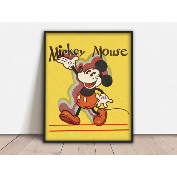 Vintage Style Illustration Featuring Mickey Mouse in a Classic Walking Pose with Retro Color Palette – Size 24x36 Unframed Poster
