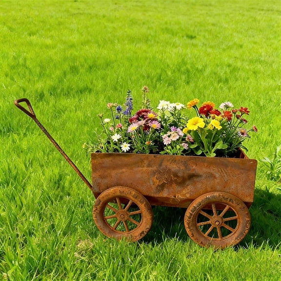 Vintage Style Iron Handcart Planter, Rusty Farmhouse Wheelbarrow Flower Pot for Garden Balcony Patio Decor