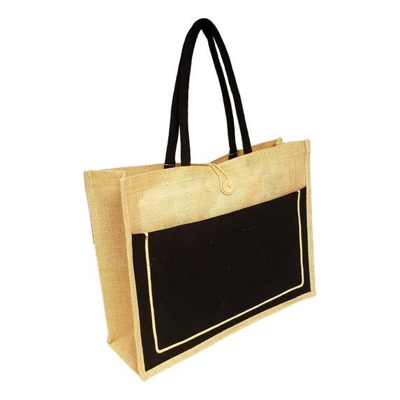 Vintage Style Jute with Black Cotton Pocket Reusable Large Tote Grocery Shopping Bag Beige w/Black Pocket