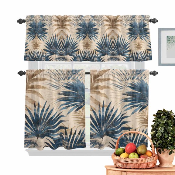 Vintage Style Kitchen Curtains Valances 3 Piece Set, Blue Tropical Plants Palm Leaf Rod Pocket Tier Curtain and Valance Drapes for Small Window 36 Inch Length for Bedroom Cafe