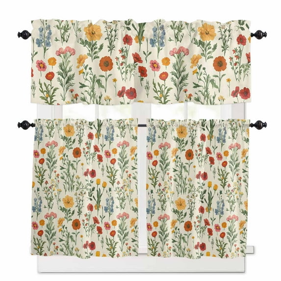 Vintage Style Kitchen Curtains Valances and Tiers Set of 3, 36 Inch Length Tier Curtains and Valance Rod Pocket Valance Curtains Set for Kitchen Bathroom Small Windows