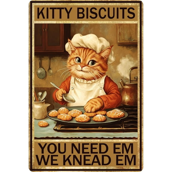 Vintage Style Kitty Biscuits Metal Tin Sign with Funny Cat Chef Artwork Aluminum Wall Decor for Kitchen Cafe Dining Room Bar Home 8x12 Inches Rustic Retro Poster