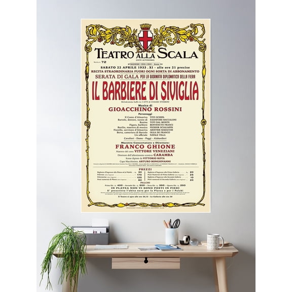 Vintage-Style La Scala The Barber Of Seville Opera Poster Poster Wall Art, Modern Wall Decor For Living Room Bedroom, 12x18 UNFRAMED