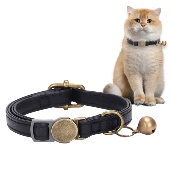 Vintage Style Leather Breakaway Cat Collar - Cute Cat Collar Adjustable, Durable, Retro Bell - Suitable for All Types of Cats and Small Dogs(Black)