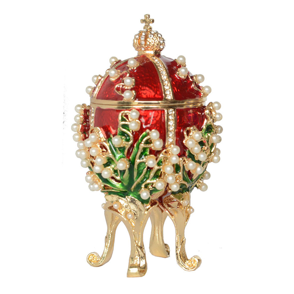 Vintage Style Lily of the Valley Red Faberge Egg Sparkling Rhinestones Pearl Inlaid Jewelry Trinket Box Novelty Gift