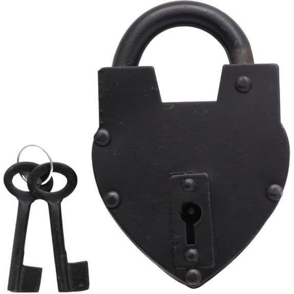 Vintage Style Lock/Antique Preproduction Heart Padlock with Two Skelton Keys/Black Powder Coted Hand Forged Padlock for Old Trunk, Wine Rack, Shade, Barn, Gate