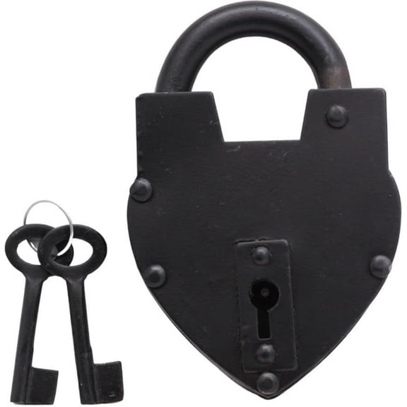 Vintage Style Lock/Antique Preproduction Heart Padlock with Two Skelton Keys/Black Powder Coted Hand Forged Padlock for Old Trunk, Wine Rack, Shade, Barn, Gate