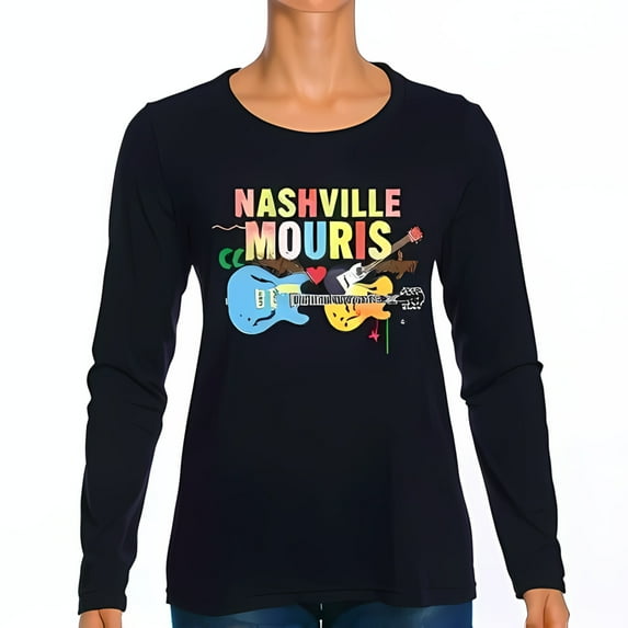 Vintage Style Long Sleeve T-Shirt with Colorful 'NASHVILLE' & 'MOURIS' Graphic Electric Guitars Design
