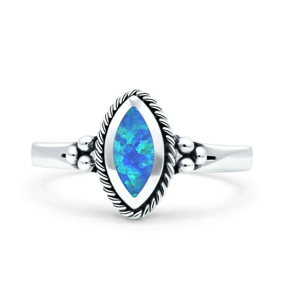 Vintage Style Marquise Fashion Lab Blue Opal Ring Band 925 Sterling Silver Size 5