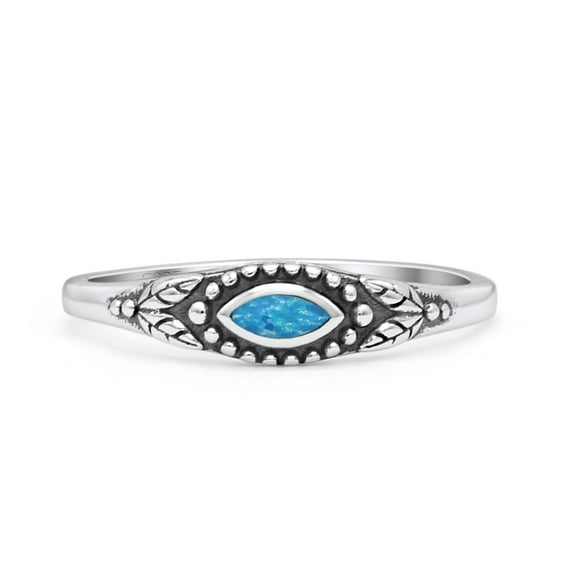 Vintage Style Marquise Lab-Created Blue Opal Ring Band 925 Sterling Silver Size 4