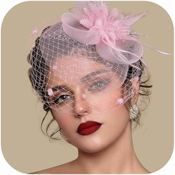 Women's Fascinator Hat with Birdcage Veil Flower and Feather for Derby Tea Party Wedding