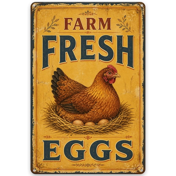 Vintage Style Metal Farm Fresh Eggs Sign, Rustic Iron Wall Decor for Kitchen or Garden, 8x12 Inch Weather Resistant Indoor/Outdoor Artwork with Pre-Drilled Holes for Easy Hanging