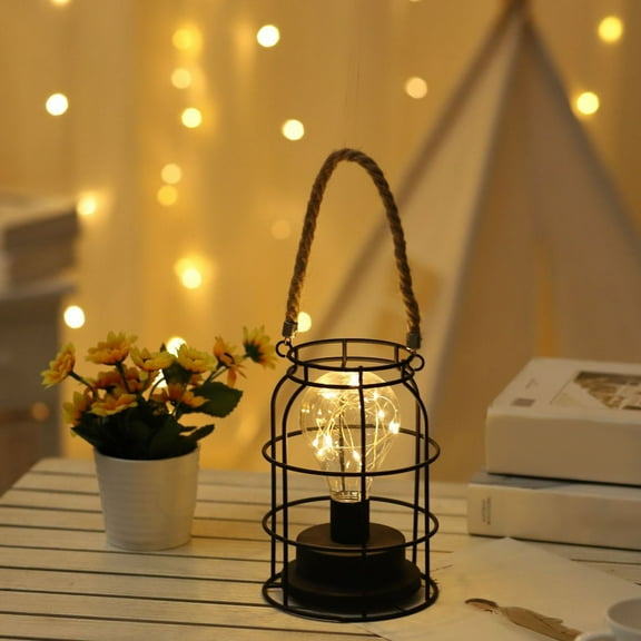 Vintage Style Metal LED Lantern with Edison Bulb | Battery Powered Desk Lamp for Home Office Decor | Indoor Outdoor Party Wedding Gift | Warm White Light
