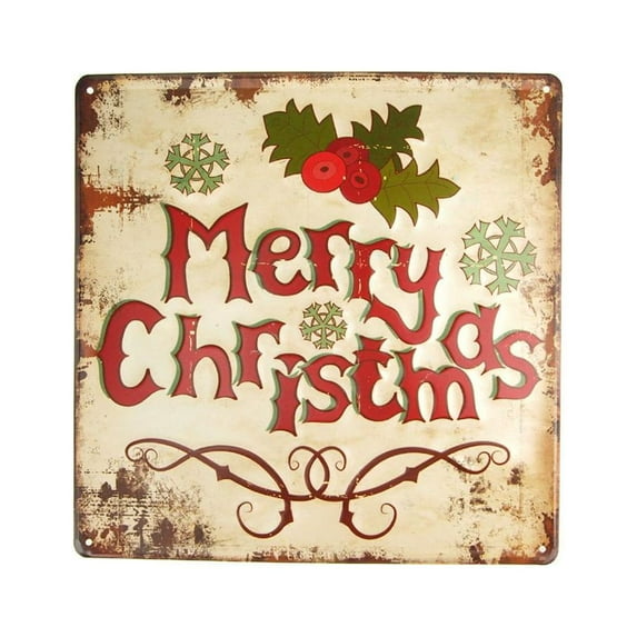 Vintage Style Metal Square "Merry Christmas" Sign with Mistletoe, Beige, 11-3/4-Inch