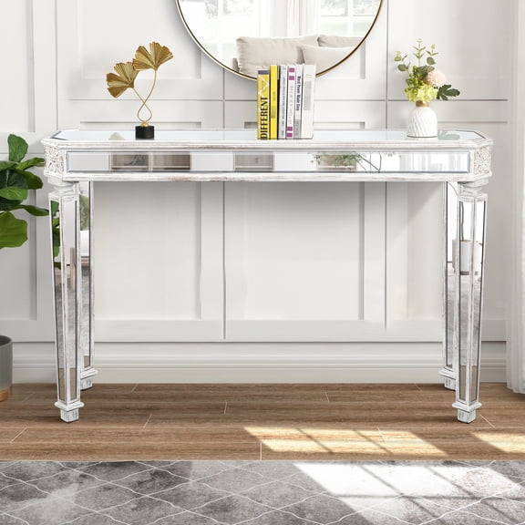 Vintage Style Mirror Console For Area - Oval Shape, Easy To Clean, 48"w X 32.7"h 13.62"d Table With Wood Element Floor Mounted, Keep Neat, 13.62"d, Modern Look