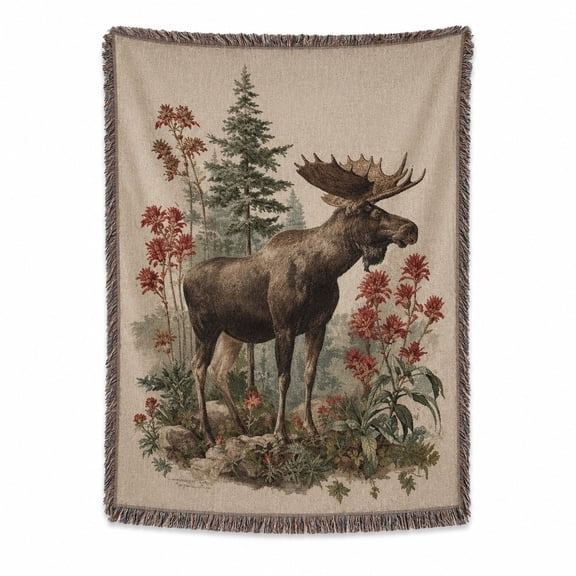 Vintage-Style Moose and Wildflower Beige Woven Throw Blanket, Cotton with Fringed Edges, Rustic Woodland Decor for Couch and Bed