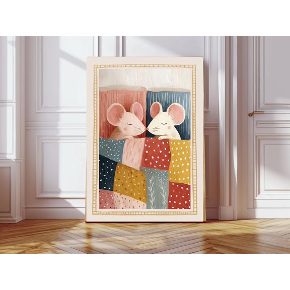 Vintage Style Mouse Art Print, Cozy Bed Print, Unframed Paper Poster 24x36in