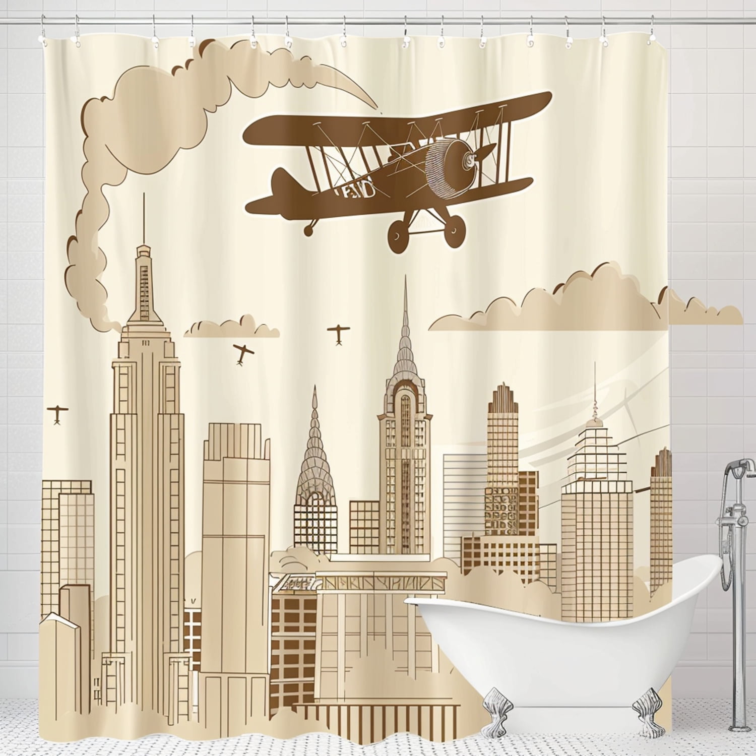 Vintage Style New York City Skyline Airplane Shower Curtain Set for ...