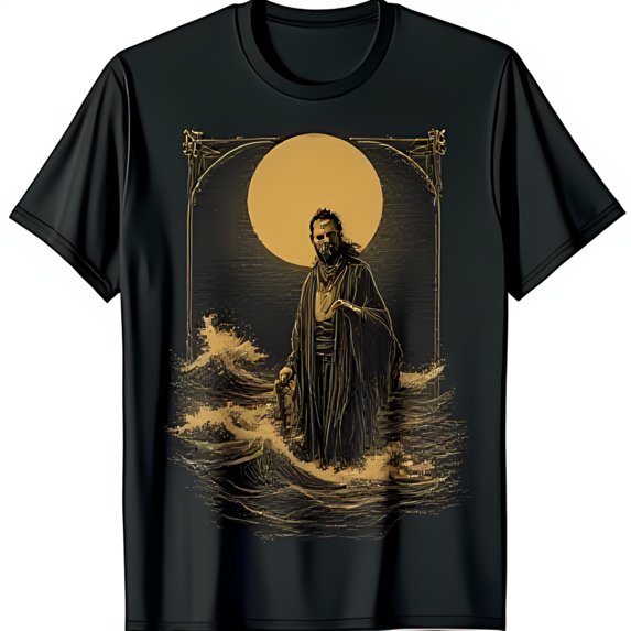 Vintage Style Oceanic Illustration T-Shirt Bearded Man with Staff & Moon Gold Tone Design