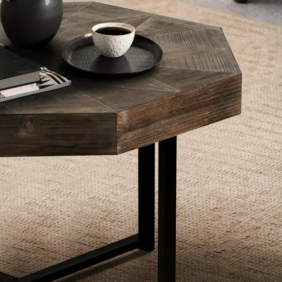 Vintage Style Octagonal Coffee Table, Antique Brown, Wood And Metal Combination Brown Table With Stable Frame For Living Room