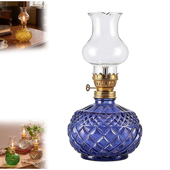 Vintage Style Oil Lamp with Glass Candle Holder, Retro Glass Clear Kerosene Lamp Lantern, Clear Hurricane Oil Lamps for Table Centerpiece, Wedding Decor, Elegant Retro Design (Blue)