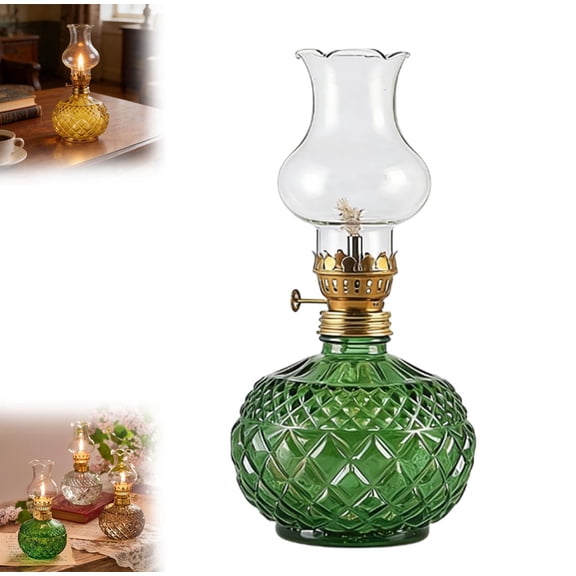 Vintage Style Oil Lamp with Glass Candle Holder, Retro Glass Clear Kerosene Lamp Lantern, Clear Hurricane Oil Lamps for Table Centerpiece, Wedding Decor, Elegant Retro Design (Green)