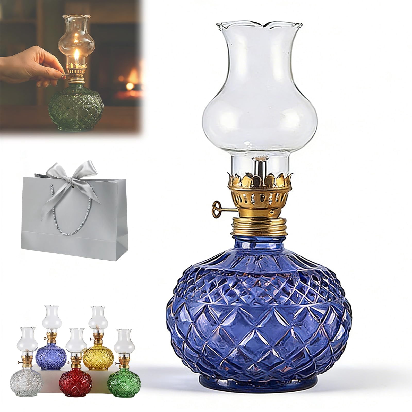 Vintage Style Oil Lamp with Glass Candle Holder, Retro Glass Clear Kerosene Lamp Lantern, Crystal Decorative Lamps for Weddings & Housewarming, Windproof, Elegant Retro Design