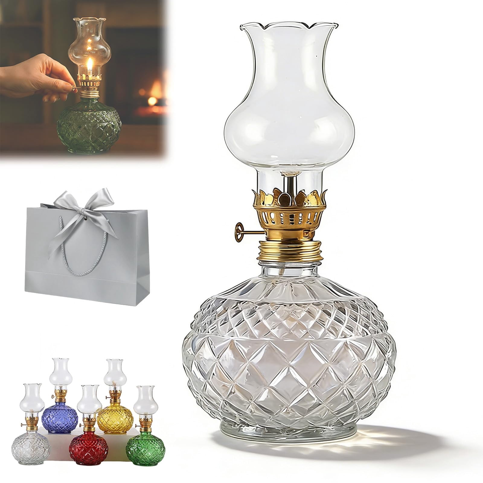 Vintage Style Oil Lamp with Glass Candle Holder, Retro Glass Clear Kerosene Lamp Lantern, Crystal Decorative Lamps for Weddings & Housewarming, Windproof, Elegant Retro Design