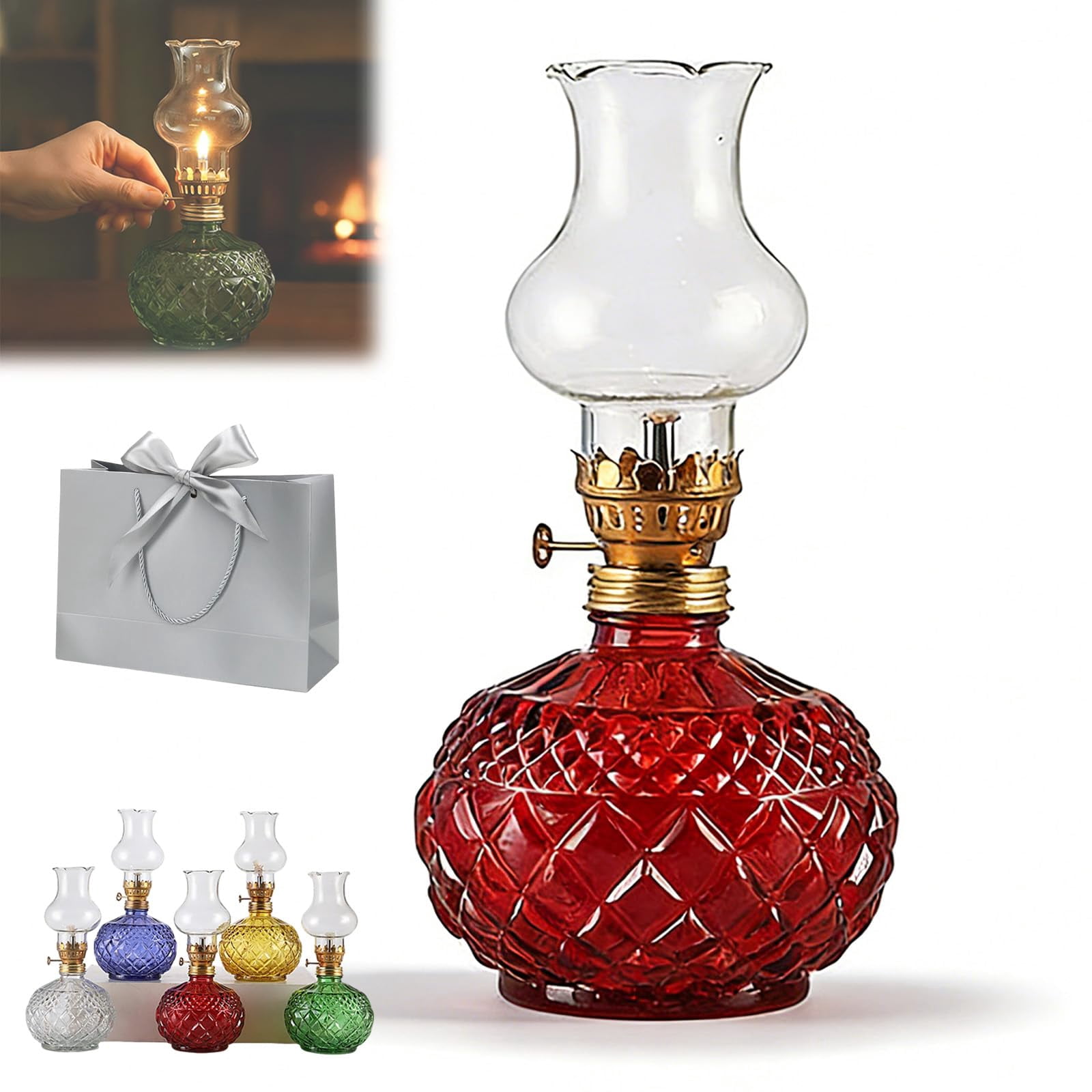Vintage Style Oil Lamp with Glass Candle Holder, Retro Glass Clear Kerosene Lamp Lantern, Crystal Decorative Lamps for Weddings & Housewarming, Windproof, Elegant Retro Design