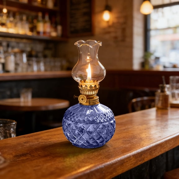 Vintage Style Oil Lamps for Indoor Use, Rustic Kerosene Lamp with Glass Hurricane, Lantern for Tabletop Decor Emergency Lighting, Blue