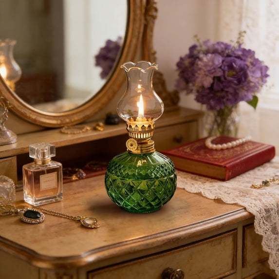 Vintage Style Oil Lamps for Indoor Use, Rustic Kerosene Lamp with Glass Hurricane, Lantern for Tabletop Decor Emergency Lighting, Green