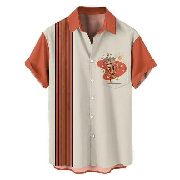 Vintage Style Orange Stripe Print Men's Casual Short Sleeve Shirt with Chest Pocket, Men's Shirt for Summer Vacation Resort, Tops for Men