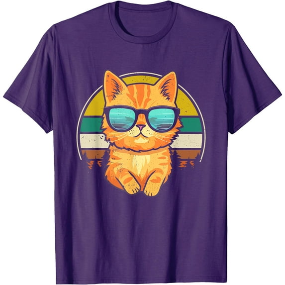 Vintage Style Orange Tabby Cat Friendly Wearing Sunglasses Unisex T-Shirt for Men Women Kids Toddler,Purple Color,Size 4XL