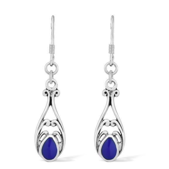 Vintage Style Ornamental Blue Lapis Lazuli Teardrops Inlays Dangle Earrings