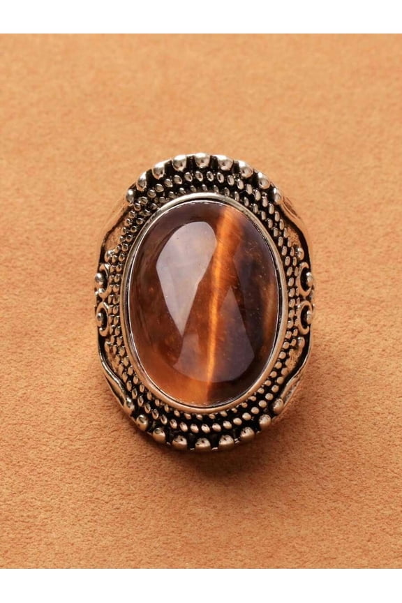 Vintage-Style Oval Tiger Eye Ring In Silvertone With Deep Amber-Brown Gemstone - Variant 10