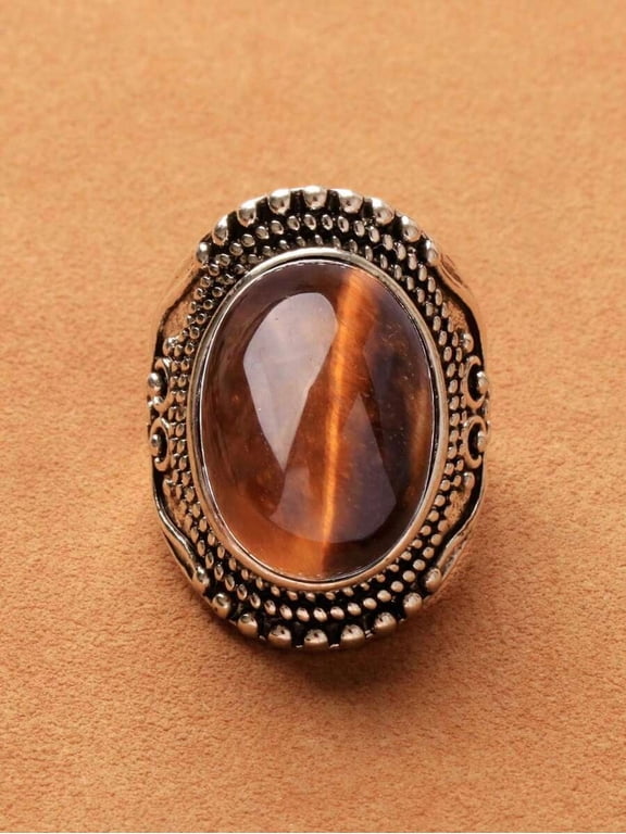 Vintage-Style Oval Tiger Eye Ring In Silvertone With Honey-Brown Gemstone - Variant 6