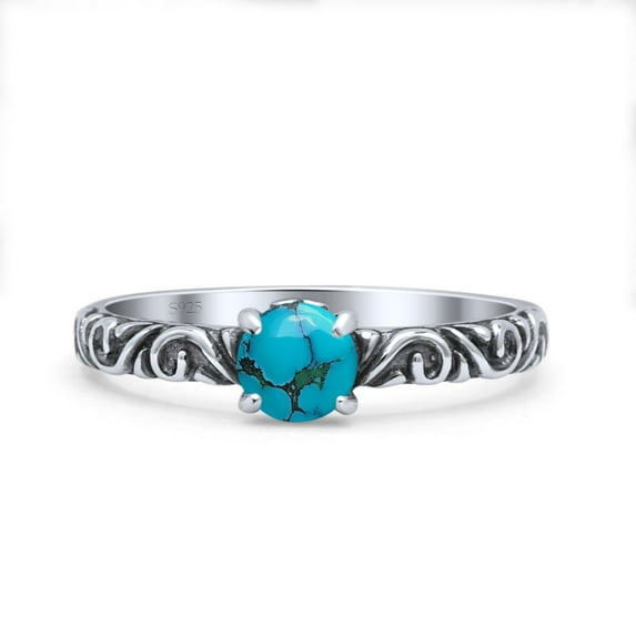 Vintage Style Oxidized Round Simulated Turquoise Ring Band 925 Sterling Silver Size 4