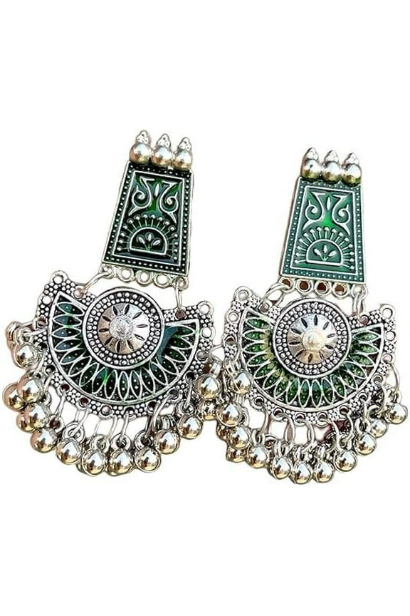 Vintage Style Oxidized Silver Chandelier Earrings, Green Enamel Design, Metal Beads, Traditional Indian