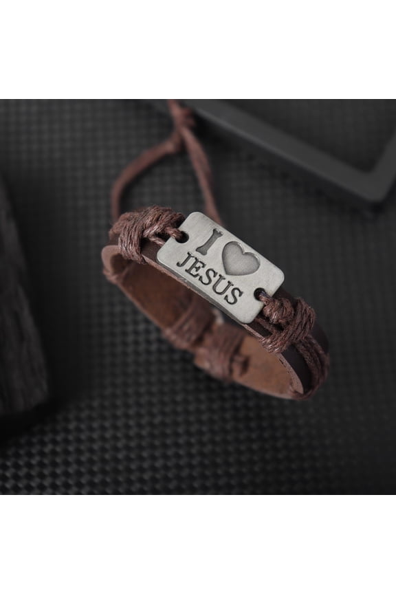 Vintage Style PU Leather Bracelet with Stainless Steel Plate - I Love Jesus Engraved, Adjustable, Unisex, Religious Christian Jewelry Suitable for Couples, Gift for Men and Women - 1pcs,Black