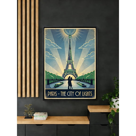 Vintage Style Paris Eiffel Tower Art Deco, Romantic City of Lights French Honeymoon Retro Wall Art Print