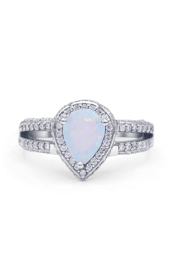 Vintage Style Pear Halo Women Engagement Ring Lab Created White Opal 925 Sterling Silver