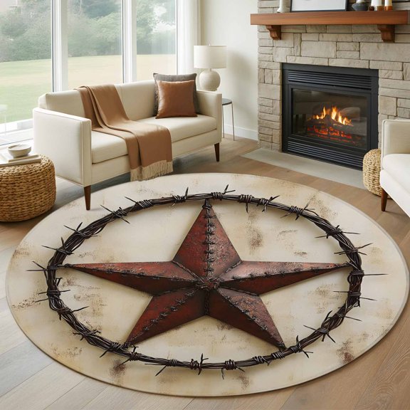 Vintage Style Pentagram Plank Texture Washable Round Area Rug 8 ft, Independence Day, Soft Non Slip Rugs Stain Repellent Indoor Felt Carpet for Living Dining Room Bedroom Home Office