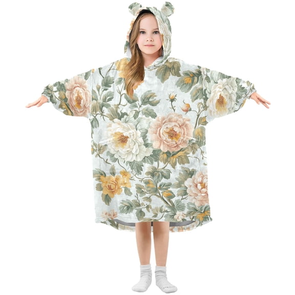 Vintage Style Peony Floral Leaves Flannel Wearable Blankets Hooded Design Long Sleeves Wrap Unisex for 3T-14Y S
