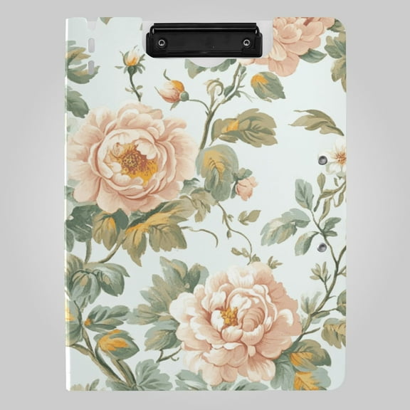Vintage Style Peony Floral Leaves Foldable Binder Folder Clipboard with Pen Slot Double Clips A4 Size File Storage