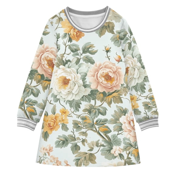 Vintage Style Peony Floral Leaves Long-sleeved Dress A-line One-Piece Dress for 2-8 Years Casual Party 5-6Y