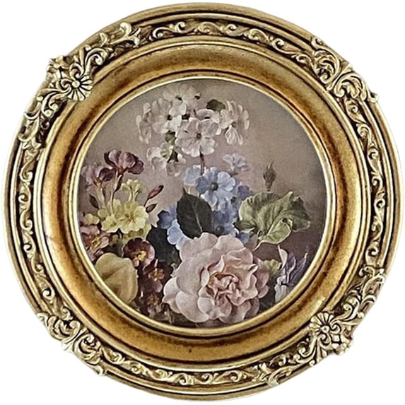 Vintage Style Picture Frame Tabletop Wall Mounting Floral Embossed Painting Frame Photo Gallery Baroque Photo Frame for New Year Living Room, Round