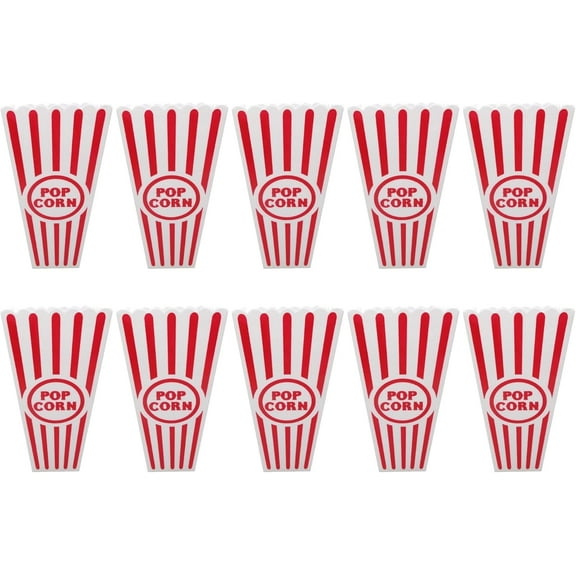 Vintage-Style Plastic Popcorn Buckets – Tall, Reusable Red & White Popcorn Cups for Movie Nights, Carnivals & Parties – Dishwasher Safe - Pack of 10