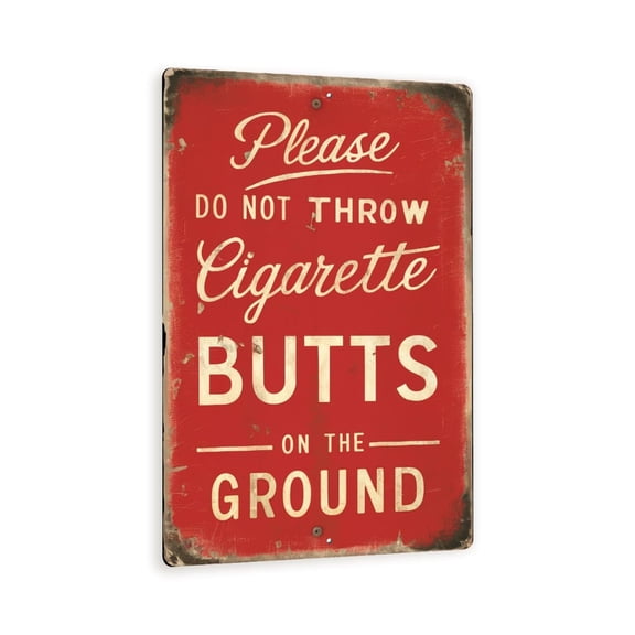 Vintage-Style "Please DO NOT Throw Cigarette BUTTS on the GROUND" Sign - Elegant Cursive Font on Red Background