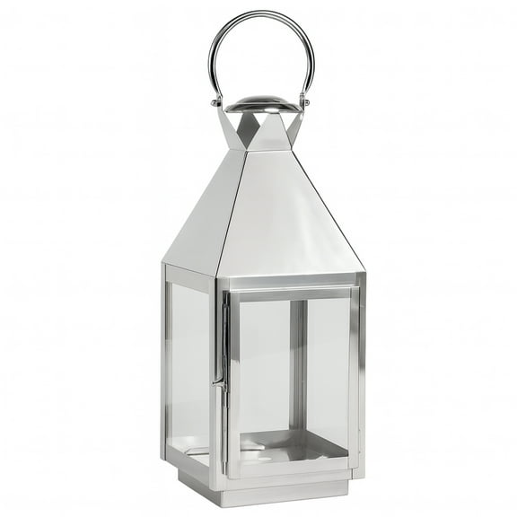Vintage Style Polished Silver Tone Hanging Candle Lantern with Tempered Glass - 15" High for Indoor/Outdoor Events, Parties, and Weddings