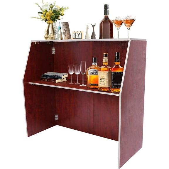 Vintage Style Portable Event Bar - 47.75 Inch Antique Wood Grain Foldable Mobile Bar Table, 110lbs Capacity for Rustic Weddings & Classic Events (Distressed Brown)